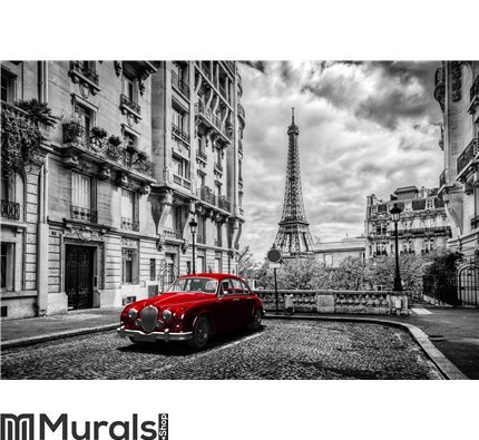 Artistic Paris, France. Eiffel Tower seen from the street with red retro limousine car. Wall Mural Wall art Wall decor