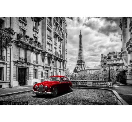 Artistic Paris France Eiffel Tower Seen Street Red Retro Limousine Car Wall Mural Wall art Wall decor