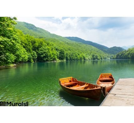 Wooden boats at pier on mountain lake Wall Mural Wall Tapestry tapestries