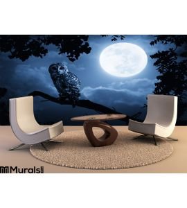 Owl Watches Intently Illuminated Full Moon Wall Mural Wall Tapestry tapestries