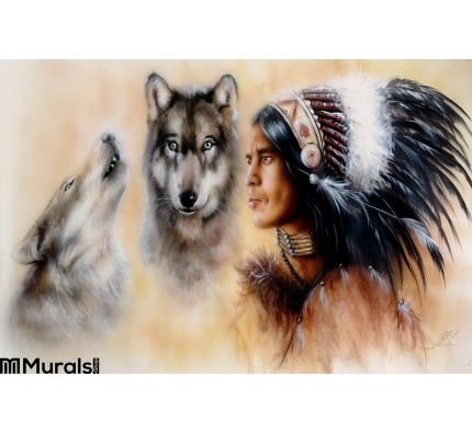 Portrait Young Courrageous Indian Warrior Pair Wolves Wall Mural Wall Tapestry tapestries