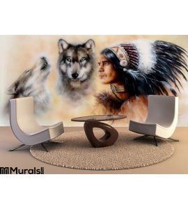 Portrait Young Courrageous Indian Warrior Pair Wolves Wall Mural Wall Tapestry tapestries