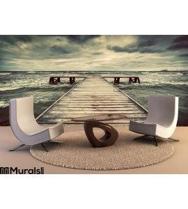 Old Wooden Jetty Storm Sea Dramatic Sky Dark Heavy Clouds Wall Mural Wall Tapestry tapestries