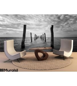 Black White Seascape Wooden Pillars Wall Mural Wall art Wall decor