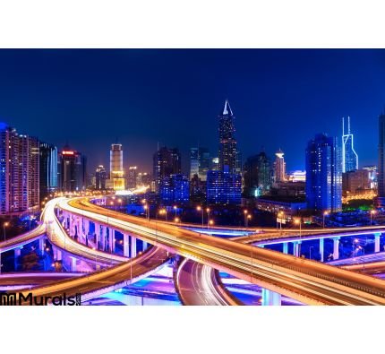 Modern City Skyline Interchange Overpass Night Wall Mural Wall art Wall decor