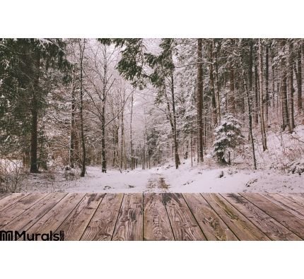 Winter Background Wooden Terrace Nature Forest Landscape Christmas Holiday Concept Wall Mural Wall art Wall decor