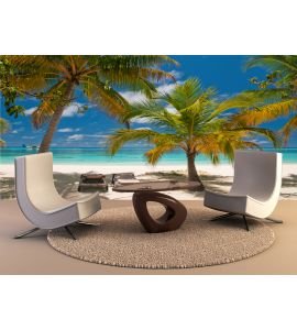 Sunbeds on a tropical beach Wall Mural Wall art Wall decor