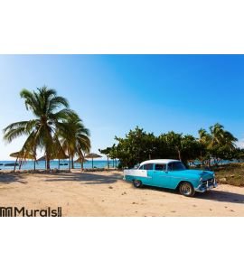 Old classic car on the beach of Cuba Wall Mural