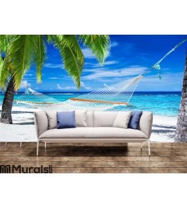 Hammock between palm trees on tropical beach Wall Mural Wall Tapestry tapestries