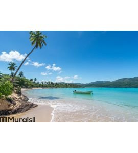 Boat on turquoise Caribbean sea Wall Mural