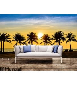 Fantastic tropical beach with palms at sunset Wall Mural Wall art Wall decor