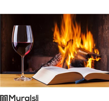 Red wine and book at cozy fireplace Wall Mural Wall art Wall decor