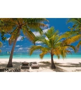 Sunbeds on a tropical beach Wall Mural Wall art Wall decor