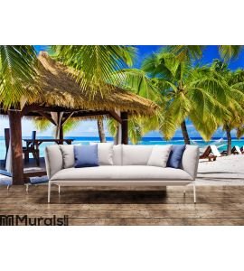 Gazebo with chairs on deserted beach Wall Mural Wall art Wall decor